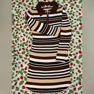 No Boundaries Long Sleeve Striped Dress - Brown and Cream